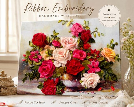 3D Ribbon Embroidery Roses, Handmade Floral W...