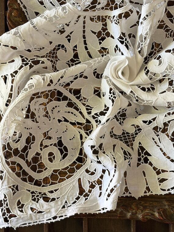 Antique French Tablecloth w/ Handmade Embroid...