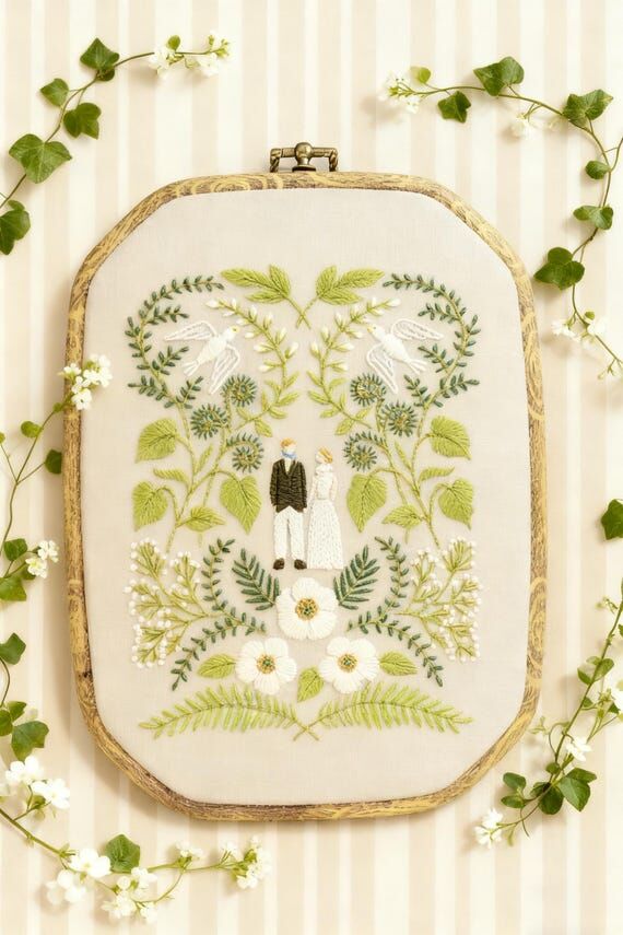 Handmade Wedding Couple Embroidery Hoop, Flor...