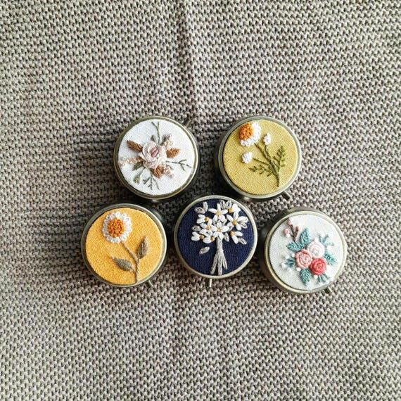 Hand-Embroidered Floral Pill Box: Linen Trave...