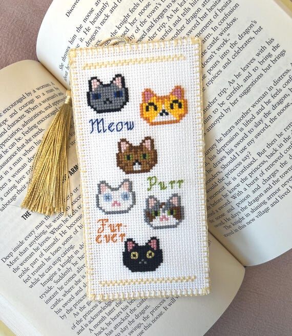 Hand Embroidered Cat Bookmark, Gold Tassel, C...