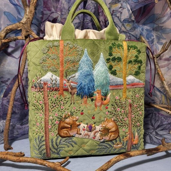 Embroidered velvet tote bag with forest picni...