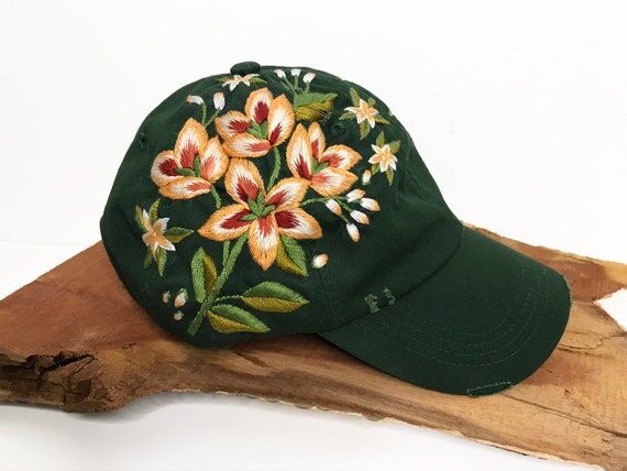 Hand Embroidered Flower Cap - Dark Forest Gre...