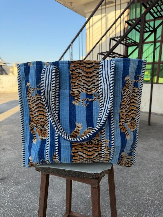 Tiger Print Quilted Velvet Tote Bag, Handmade...