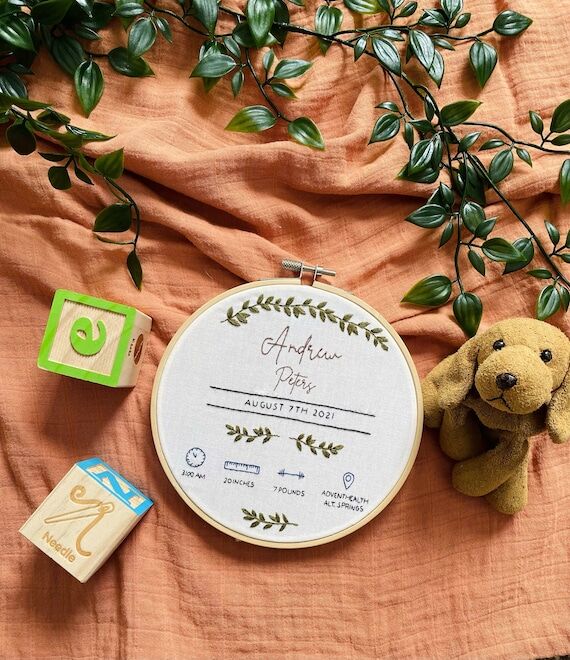 Custom Hand Embroidered Birth Stats Hoop, New...