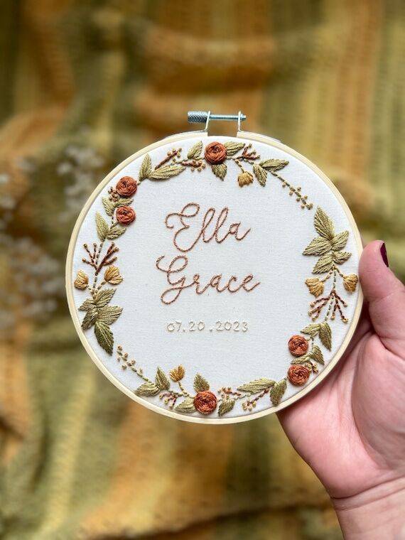 Hand Embroidered Floral Baby Name Hoop, Nurse...