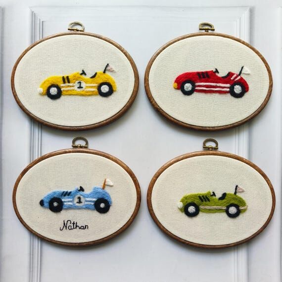 Personalized Needle Felted Vintage Race Car N...