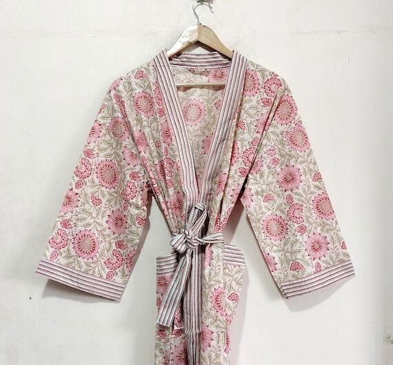 Handprinted Cotton Kimono Robe: Floral Beach ...