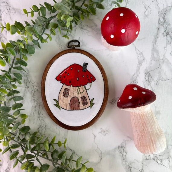 Mushroom House Embroidery w/ Faux Wooden Hoop...