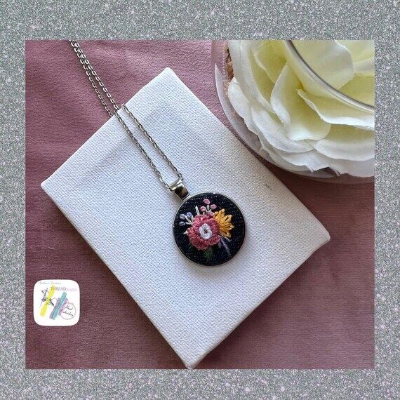 Hand Embroidered Floral Denim Pendant Necklac...