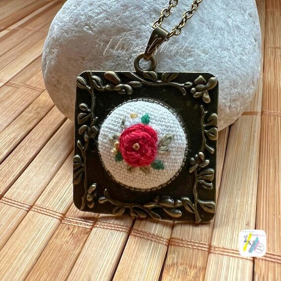 Embroidered Rose Necklace: Antique Bronze Pen...