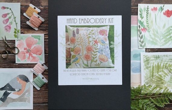 Bluetit Floral Embroidery Cushion Cover Kit: ...