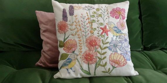 Bluetit Floral Embroidery Pattern, Linen Cush...