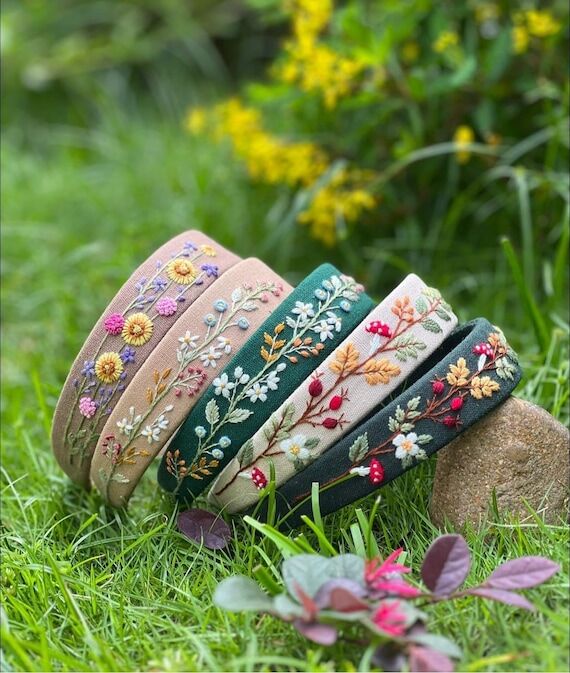 Hand Floral Embroidered Linen Headband | Bach...