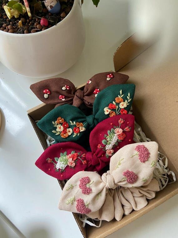 Handmade Linen Scrunchie for Hair | Embroider...