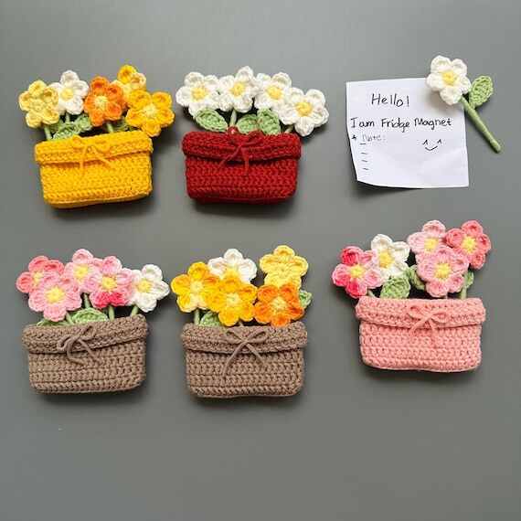 Crochet Plant Fridge Magnet, Flower Pot Magne...