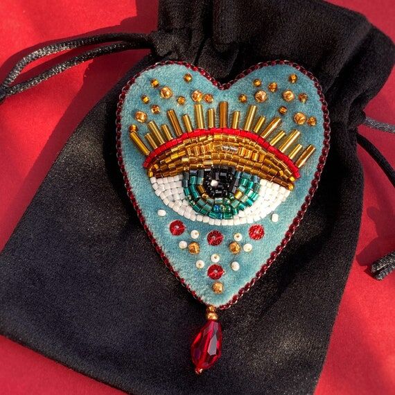 Embroidery Evil Eye Brooch/ Beaded Heart Broo...