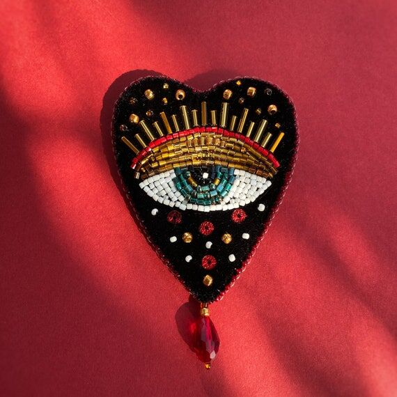 Evil Eye Brooch/ Beaded Heart Brooch/ Black V...