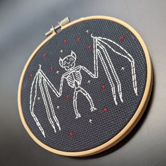 Handmade Embroidery Wall Art- Bat Skeleton...