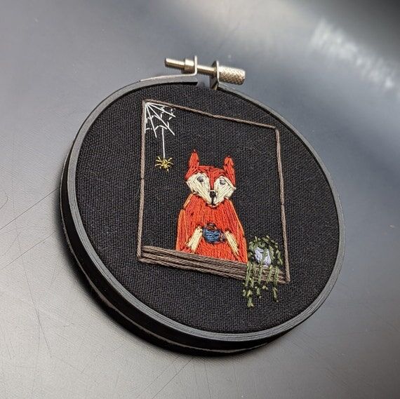 Handmade Embroidery Art- Fox in the Window...
