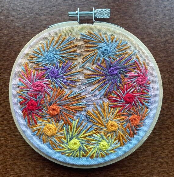 Rainbow Embroidery Hoop, Freehand Gold Accent...