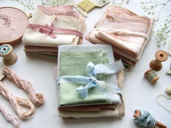 Antique French fabric hand dyed with plants, ...