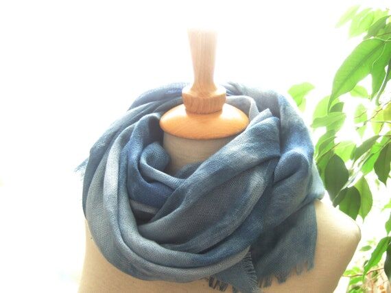Long blue linen scarf, indigo tie dyed handma...