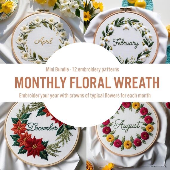 Monthly Floral Wreath Hand Embroidery Pattern...