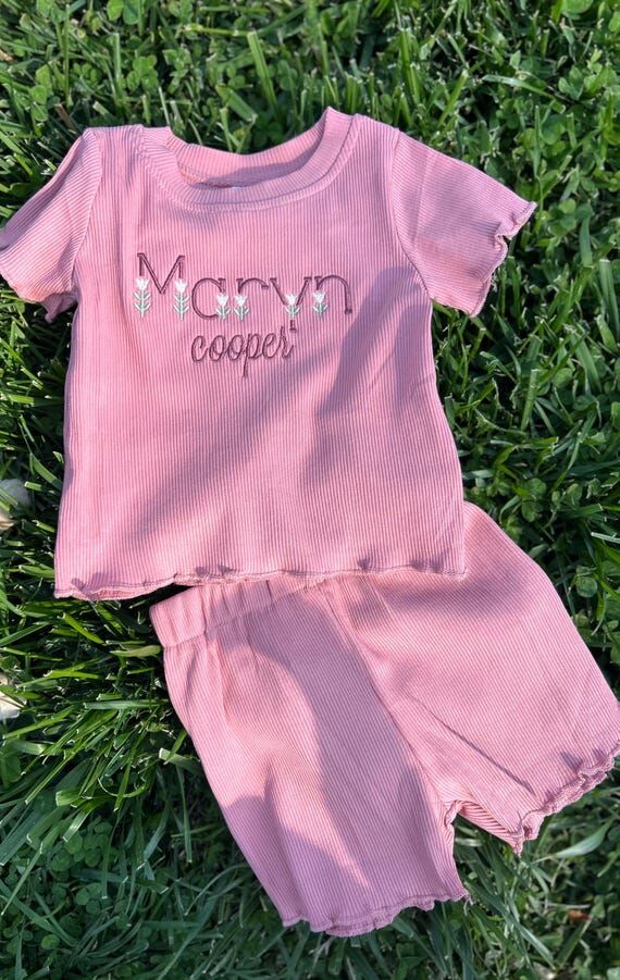 Girls Embroidered Ribbed with Lettuce Hem Set...