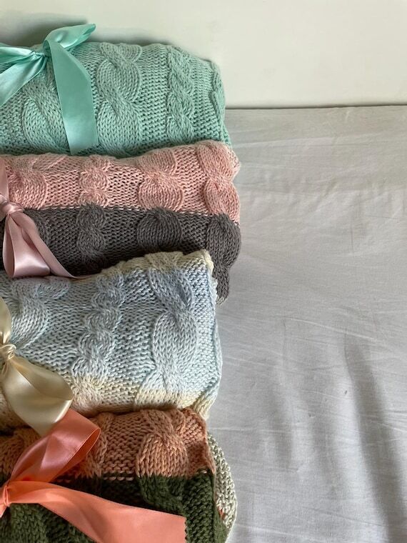 Hand Knit Cotton Baby Blanket, Custom Name, B...