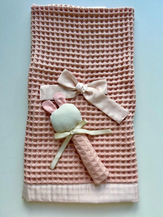 Pink Waffle Knit Baby Blanket and Bear Rattl...