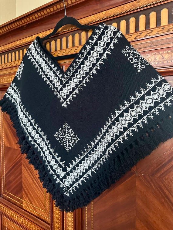 Black Mexican Poncho, hand embroidered geomet...