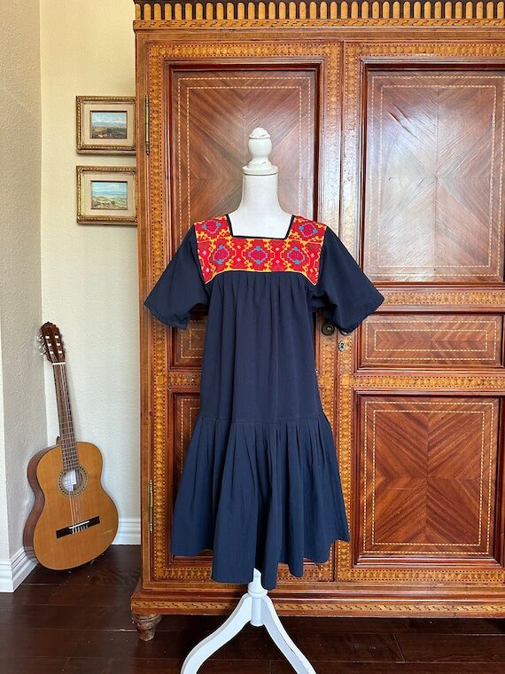 Mexican Dress with Hand-Embroidered Nahua Nec...