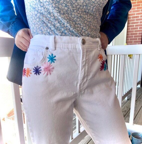 Hand-Embroidered Rainbow Flowers on White Jea...