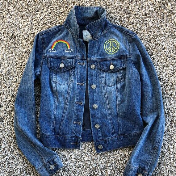 Hand-Embroidered XS Jean Jacket - Rainbow and...