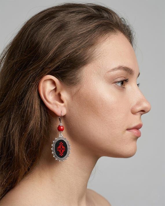Handmade traditional Ukrainian red coral earr...
