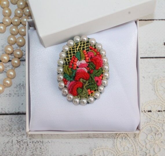 Flowers and currant embroidered brooch Cottag...