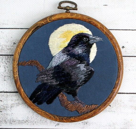 Embroidery hoop art raven moon Hand embroider...