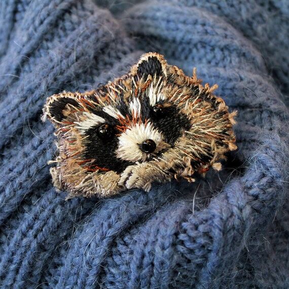 Mini embroidered brooch cute gray raccoon Mot...