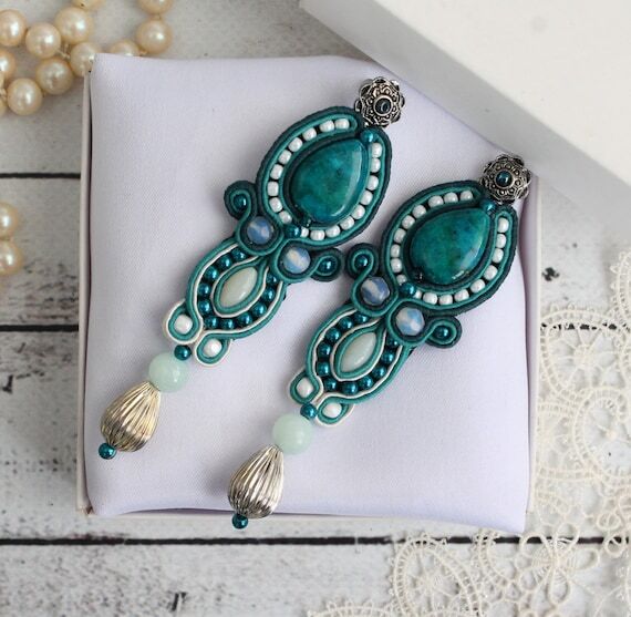 Chrysocolla earrings Emerald white long stud ...