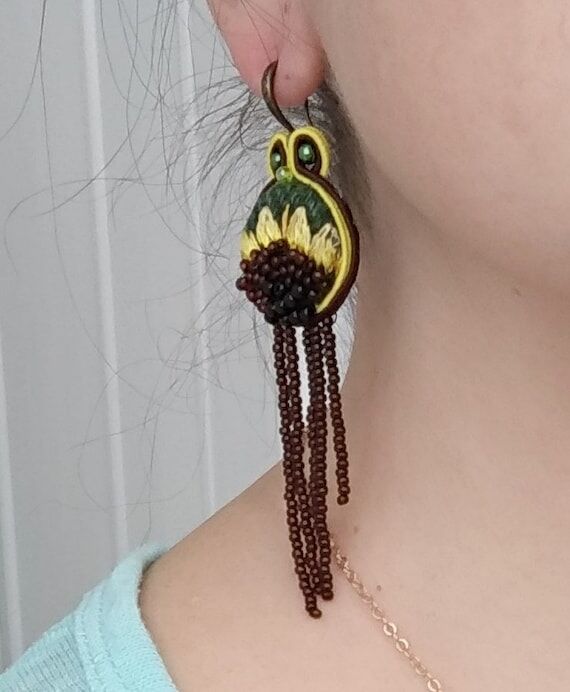 Sunflower earrings Soutache earrings Embroide...