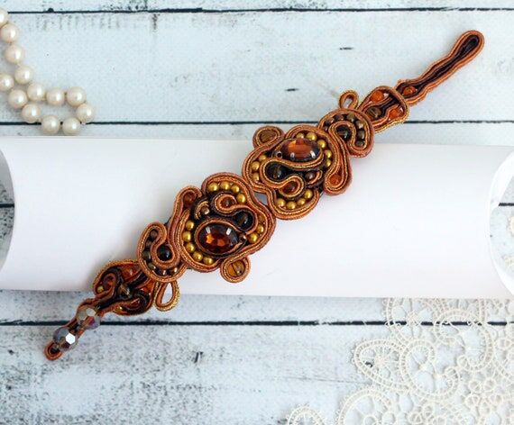 Golden brown soutache bracelet Wide cuff brac...