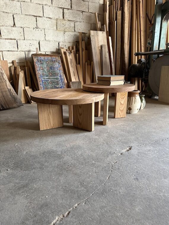 Unique Rustic Round Wood Coffee Table Set •...