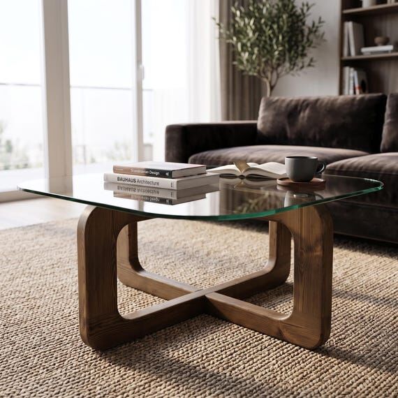 Walnut Glass Top Coffee Table, Solid Wood Cof...