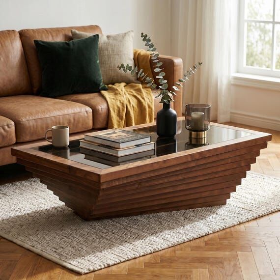 Modern Wooden Coffee Table with Glass Top, Sp...