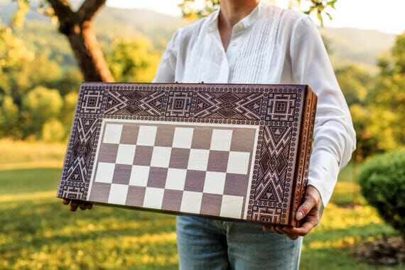Handmade Walnut Folding 3-in-1 Chess Backgamm...