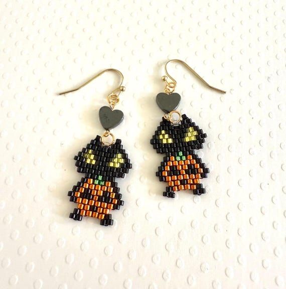 Black Cat Pumpkin Beaded Earrings | Handmade ...