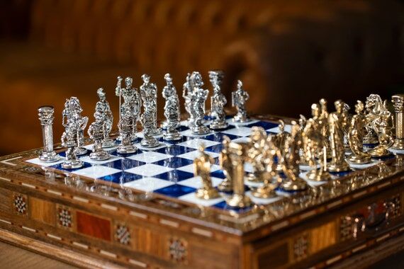 Handmade Walnut Chess Set with Metal Roman Ch...