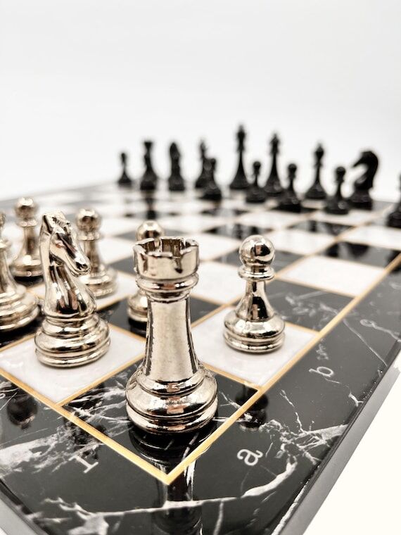 Metal Chess Set: Black & White Wooden Board, ...