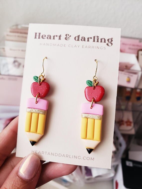 Teacher Pencil & Apple Earrings | Handmade Po...